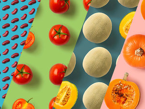 animated collage of various vegetables, pumpkin, melon, cabbage, tomato, beans, kumquat, and lentils
